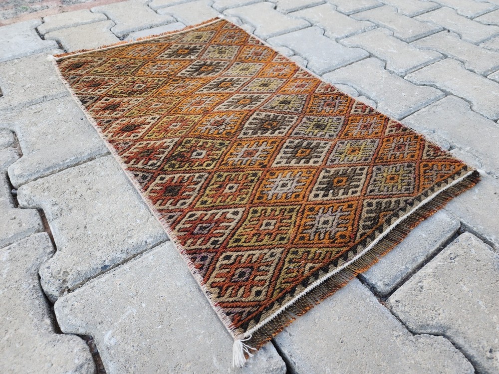 Mini Turkish Tribal Wool Rug 1.4x2.3 ft Rust Mustard Diamond Design