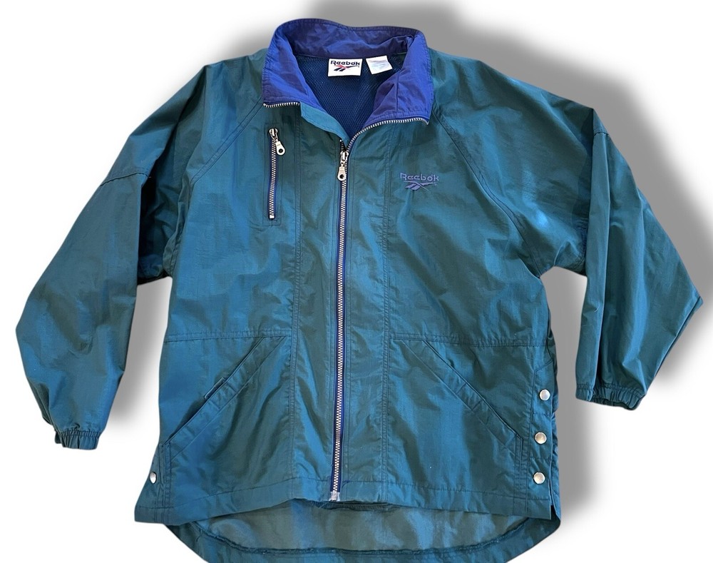 Vintage 90s Reebok Mens Medium Faded Spell Out Full Zip Windbreaker Jacket Green