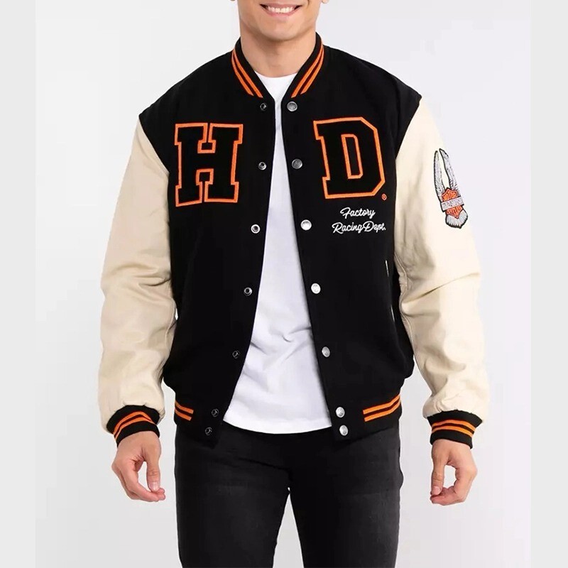 Harley Davidson Men's Black Biker Varsity Jacket Genuine Cowhide Leather Jacket