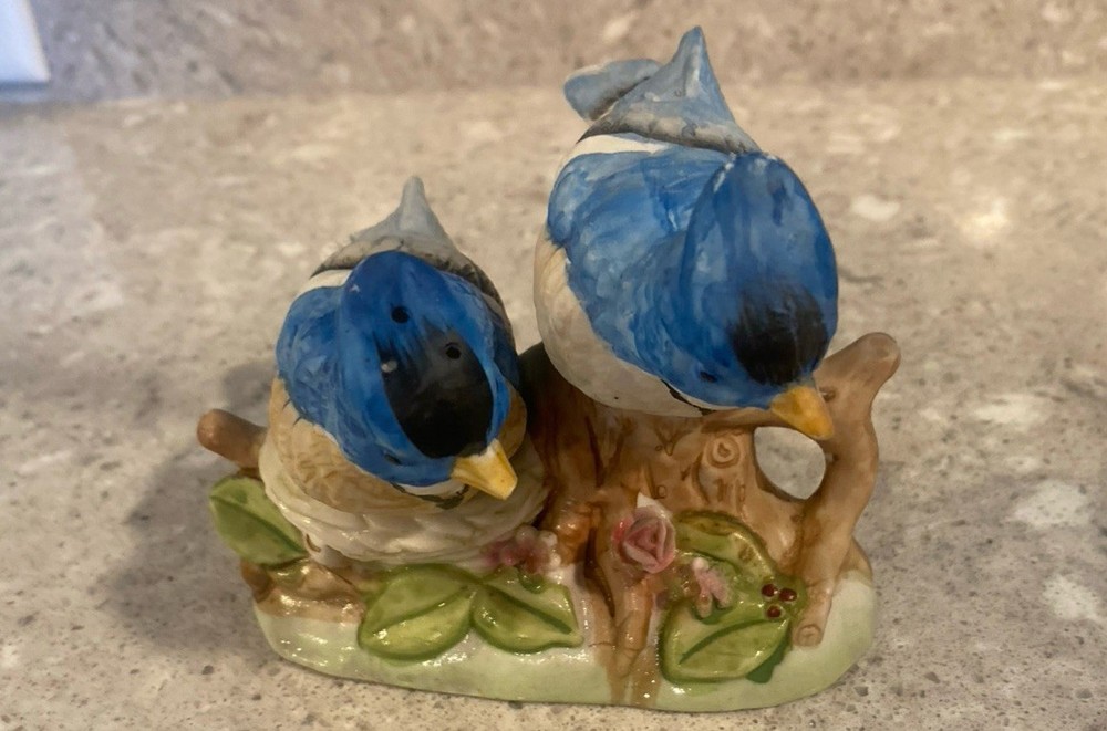 Vintage Blue Birds On Branch In Nest Salt And Pepper Shakers
