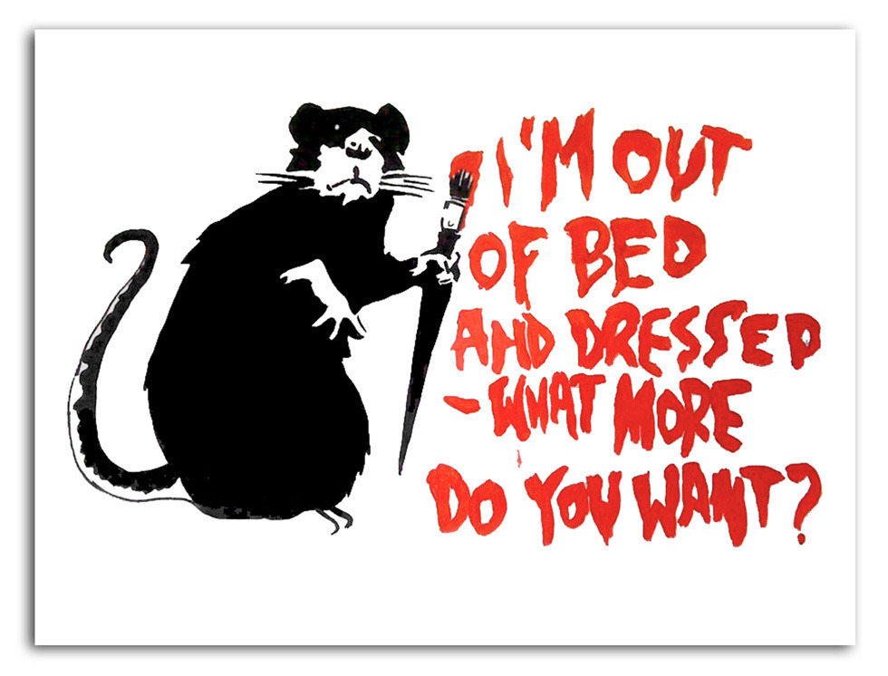 BANKSY STREET ART *FRAMED* CANVAS PRINT I'm out of bed rat 24x16
