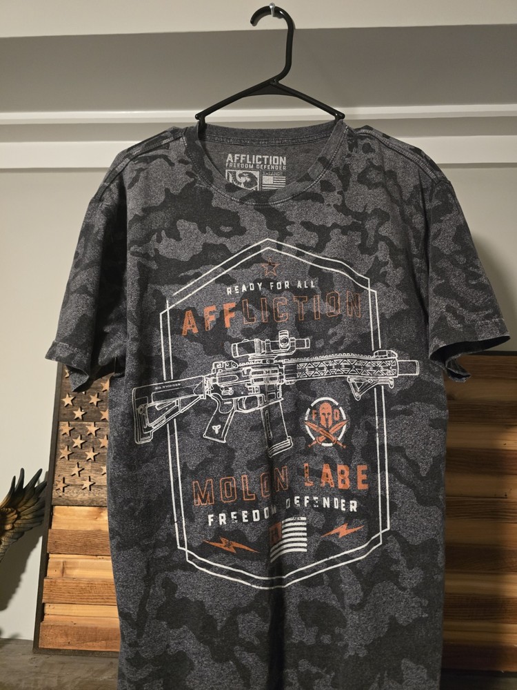Affliction Labe Freedom Defender Camo T Shirt Sz XL Grey Orange USA Military