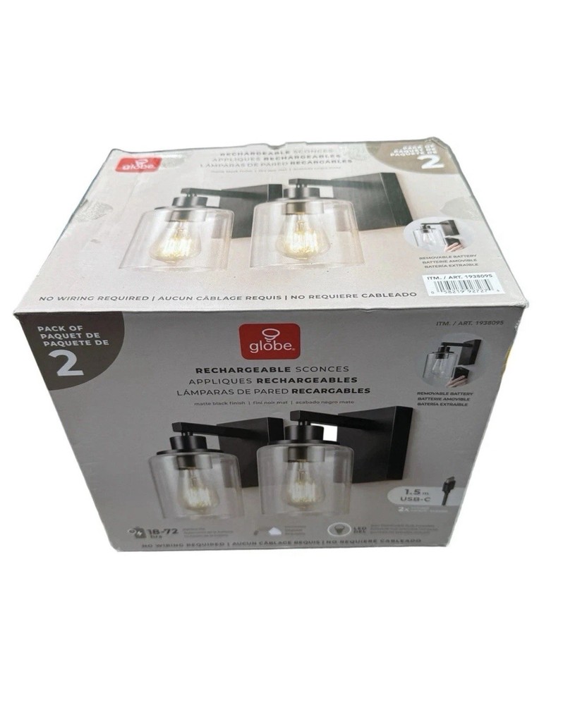 Globe 2 Wall Sconce Lights Battery Rechargeable Globe with Black Base