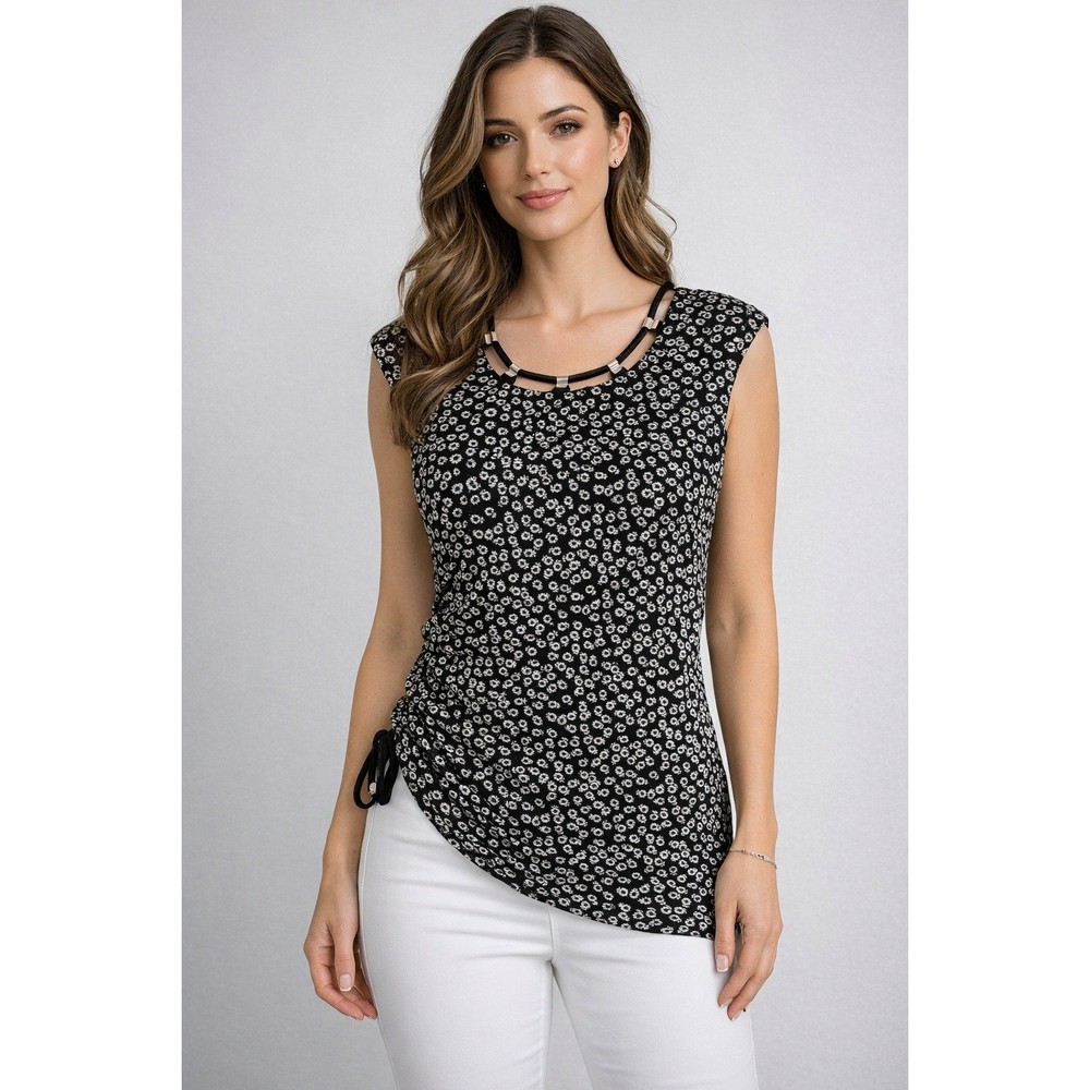 Joseph Ribkoff Womens Black White Floral Ruched Sleeveless Top Blouse Size 6