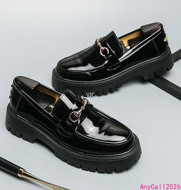 Men Chunky Buckle Patent Leather Embroidery Youth Slip on Loafers Platform Shoes