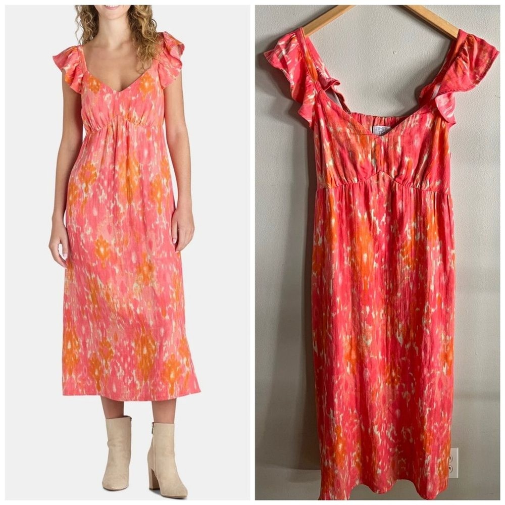 Time and Tru Flutter Sleeve Midi Dress Pink Orange Tie Dye Size M Pockets