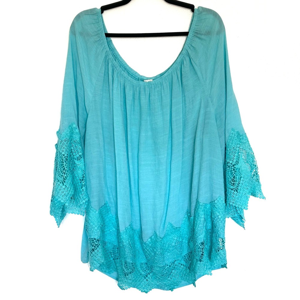 Cato Womens Aqua Blue Lace Trim Off Shoulder Top Size 26/28W