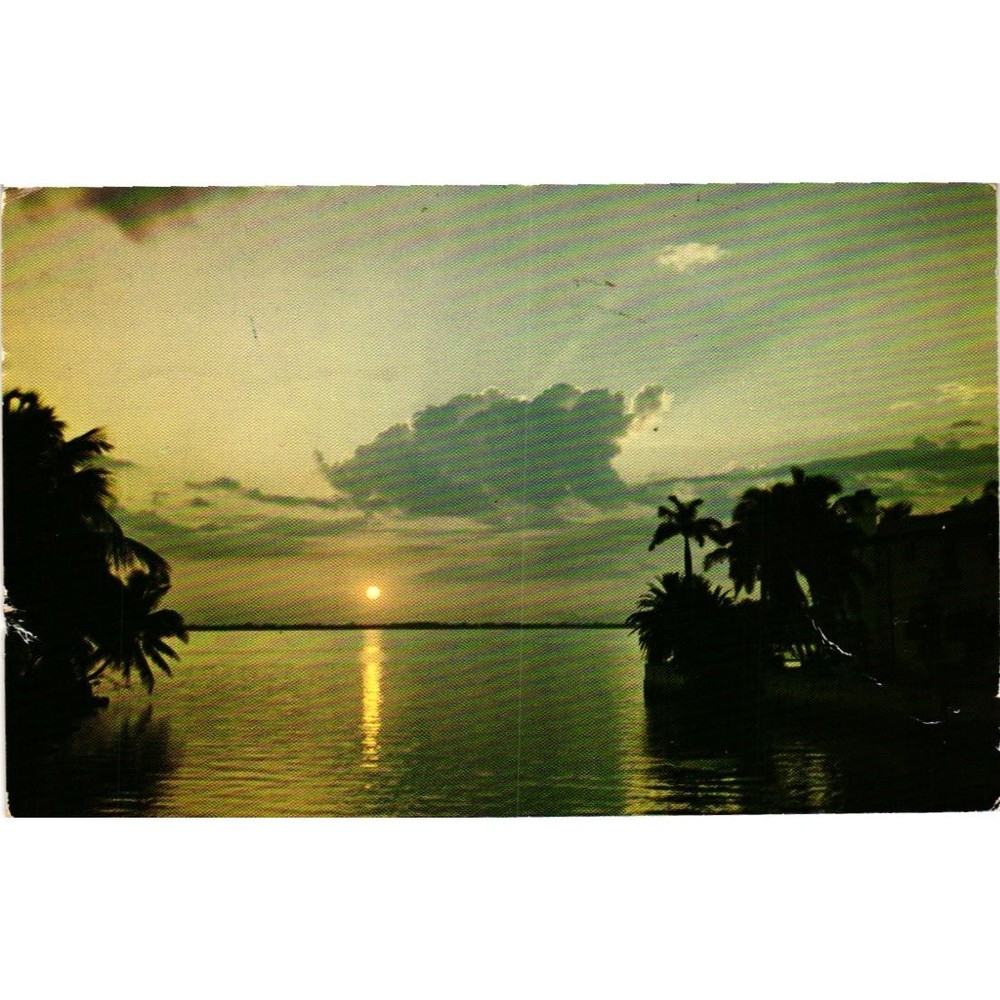 Vintage Sunset in Florida Postcard H. W. Hannau Miami Beach 1953 Postmark Stamp