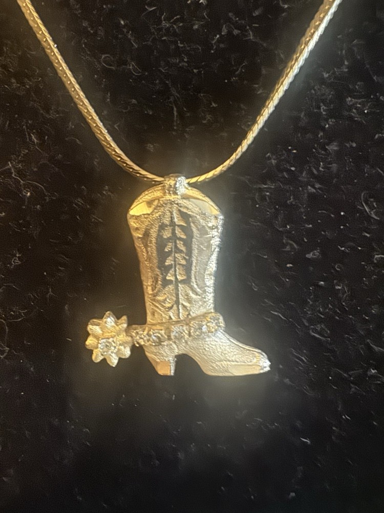 Vintage Cowboy Boot W/Spur Necklace Gold Metal Rhinestone