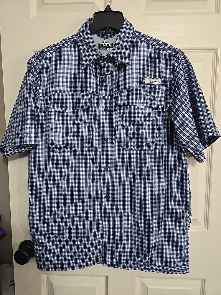Habit 40+ Solar Factor Vented Fishing Shirt Short Sleeve Size M Blue Check
