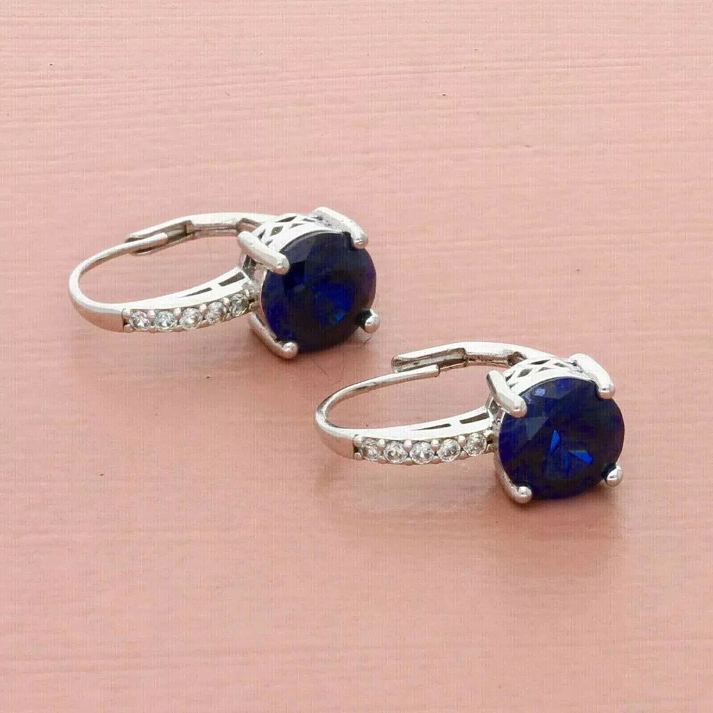 14k White Gold Plated Round Cut Simulated Blue Sapphire Beautiful Drop Earrings