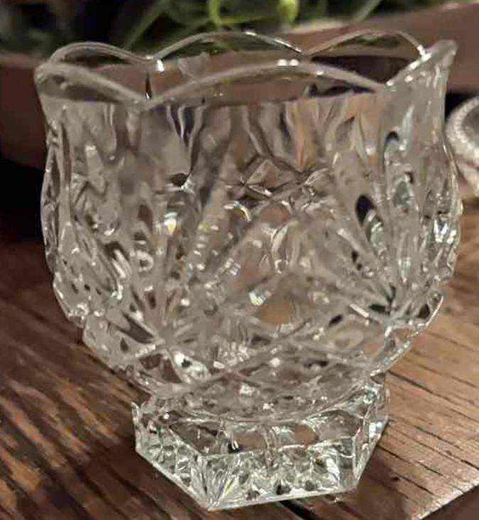 Vintage Cut Crystal Votive Candle Holder Scalloped Rim Diamond Fan Pattern