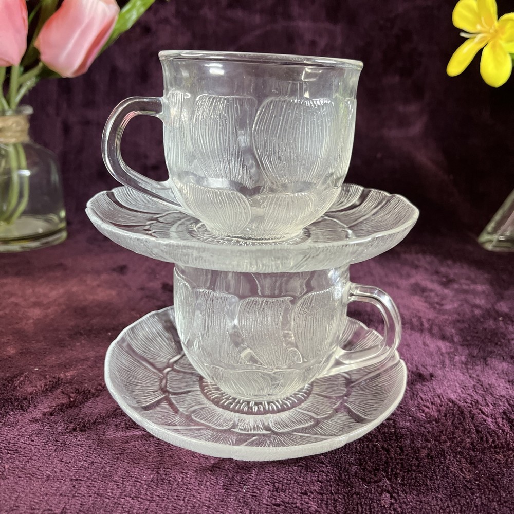 Set of 2 Arcoroc Fleur Flower Glass coffee cup and saucer France Vintage