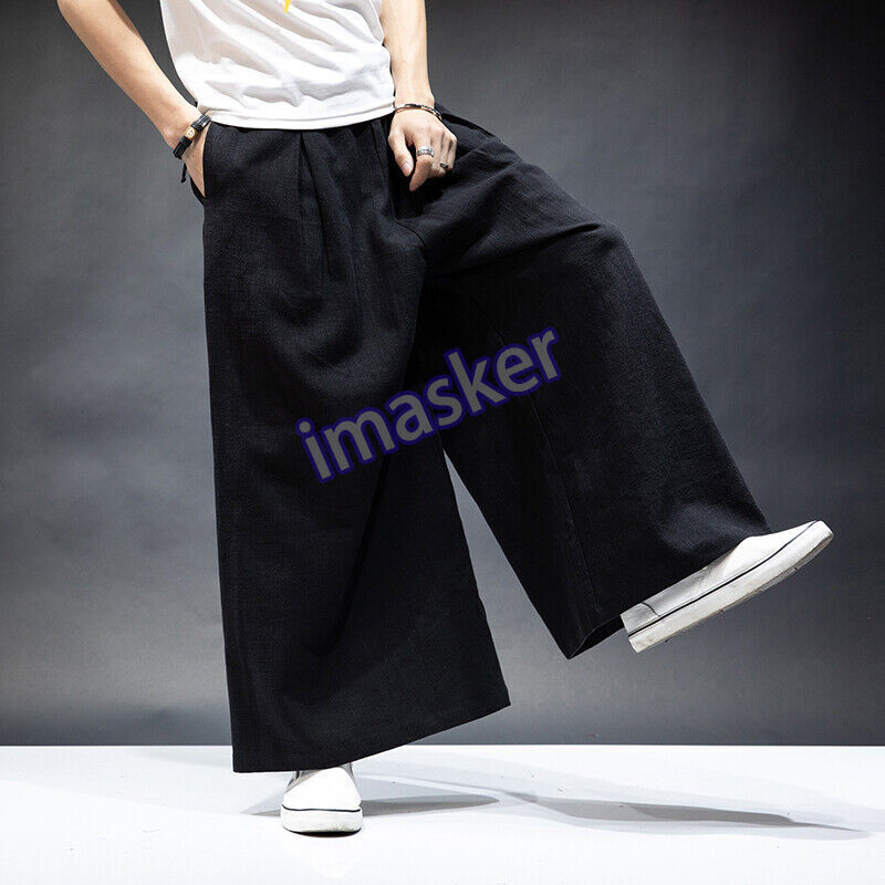 Japanese Cotton Linen Wide-Leg Meditation Pants for Men - Baggy Fit M-3XL