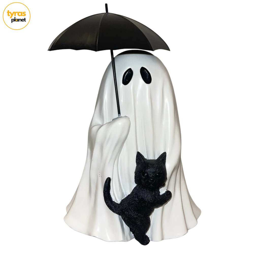 Halloween Resin Ghost Holding Umbrella With Black Cat Table Decor Gift set - NEW