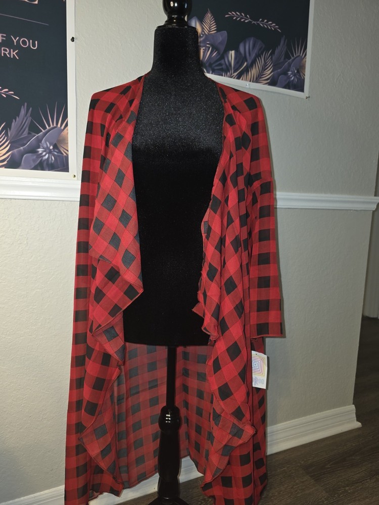 LuLaRoe Women's Red/Black Plaid Ruffle Trim Open-Front Knit Kimono Size L