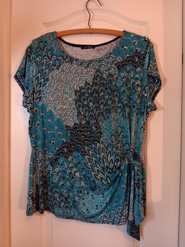 S. Levine Women's  Sequined Blouse, Size L, Paisley Teal, black