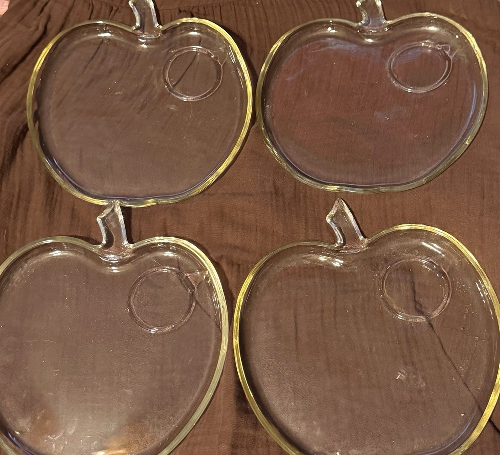 VINTAGE SET OF 4 Clear Glass APPLE SHAPE PLATES ~ DESSERT/SNACK/LUNCHEON/SAUCER