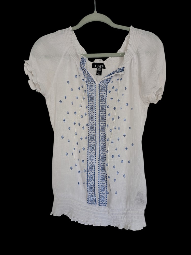 Vintage A. Byer Baby Doll Top  Y2K Embroidered Hippie Peasant White And Blue