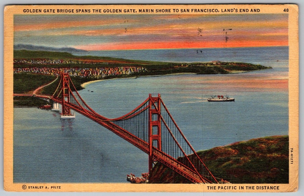 Vtg Linen Postcard Golden Gate Bridge View San Francisco, CA 1940s