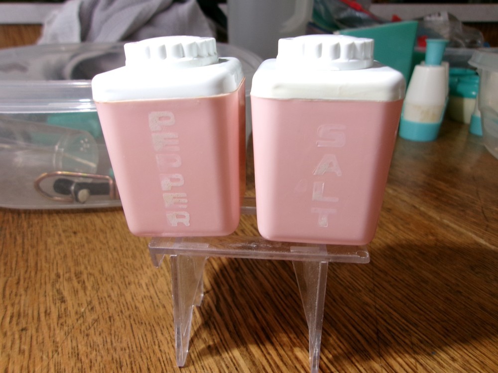 Vintage Lustro Ware Salt and Pepper Shakers Set Plastic Pink and White MCM