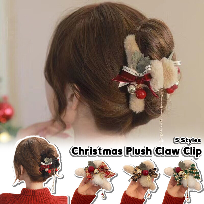 Festive Christmas Plush Beaded Duckbill Hair Claw Clip with Tassel for Women