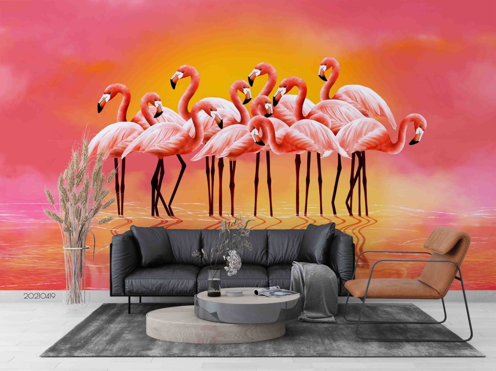 3D Flamingo River Illustration Wall Murals Wallpaper Murals Wall Sticker