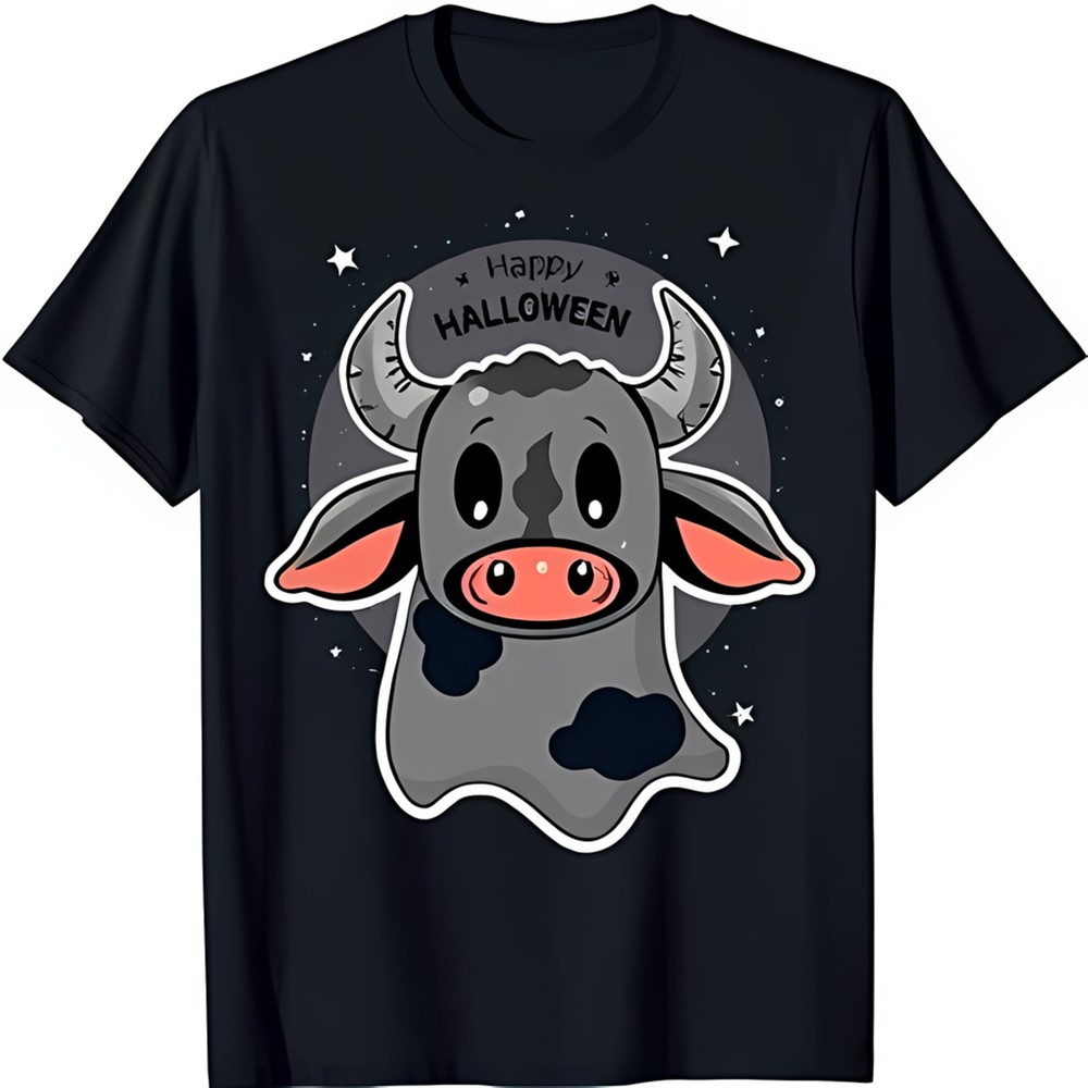Spooky Cartoon Cow Ghost Graphic Black T-Shirt for Halloween Fun