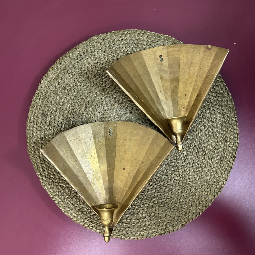 Vintage Set Of 2 Solid Brass Art Deco Style Sconces Fan Wall Candle Holder 8”