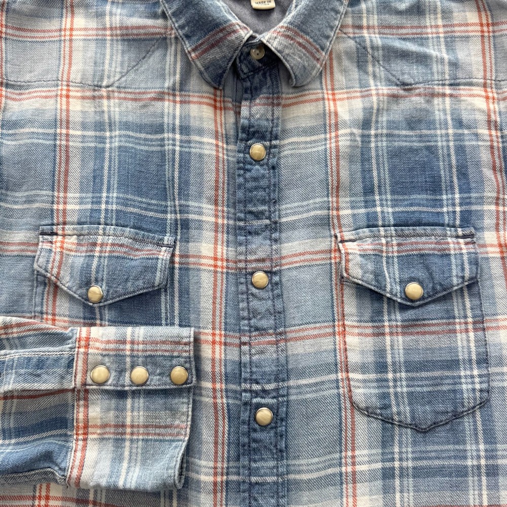Lucky Brand Shirt Mens S Blue Plaid Flannel Long Sleeve Snap Front Button Up