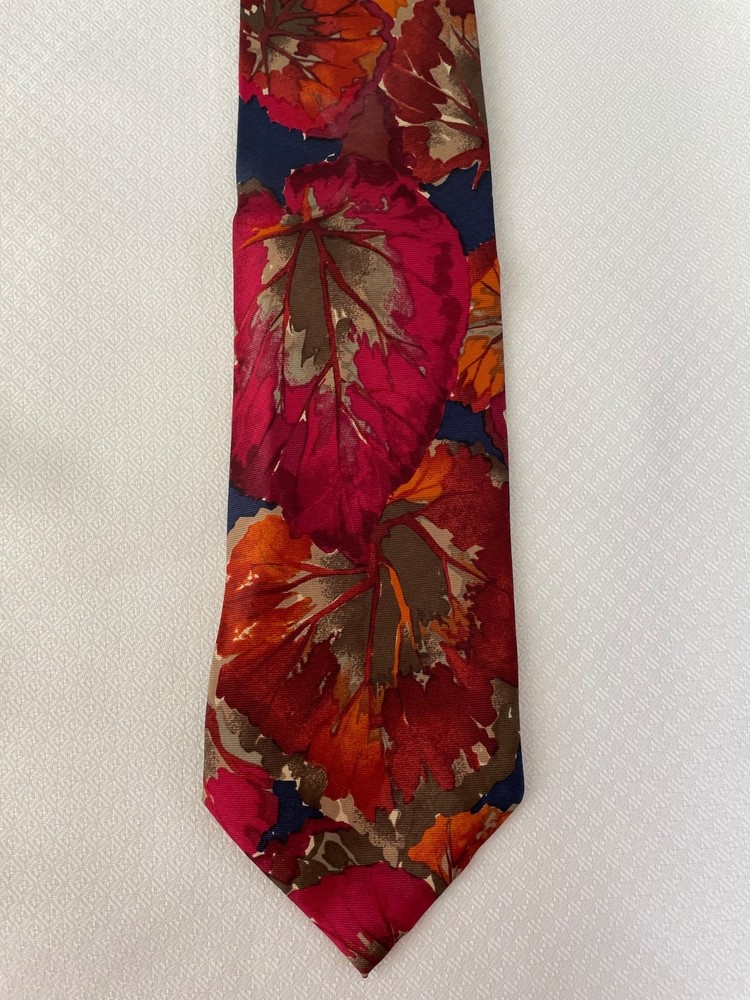 YSL Yves Saint Laurent Floral Red Orange Green Navy Made in Italy Silk Necktie