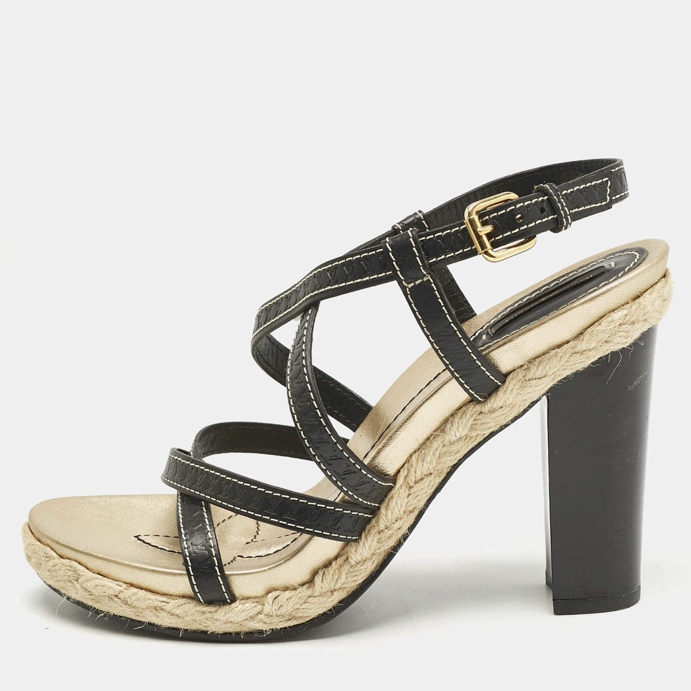 Louis Vuitton Black Monogram Leather Ankle Strap Sandals Size 38