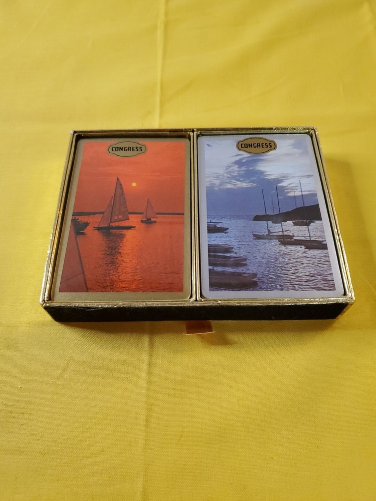 Vtg 2 Sealed Decks Congress Playing Cards Boating Sailboats With Velvet Case