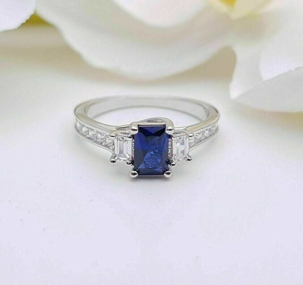 2Ct Emerald Cut Simulated Blue Sapphire Women's Band Ring 14k White Gold Plated