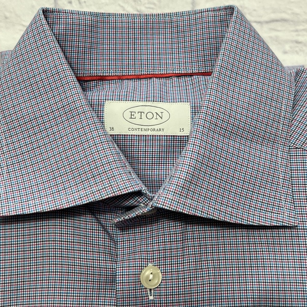 Eton Men’s Shirt 38-15 Contemporary Long Sleeve Button Up Blue Pink Houndstooth