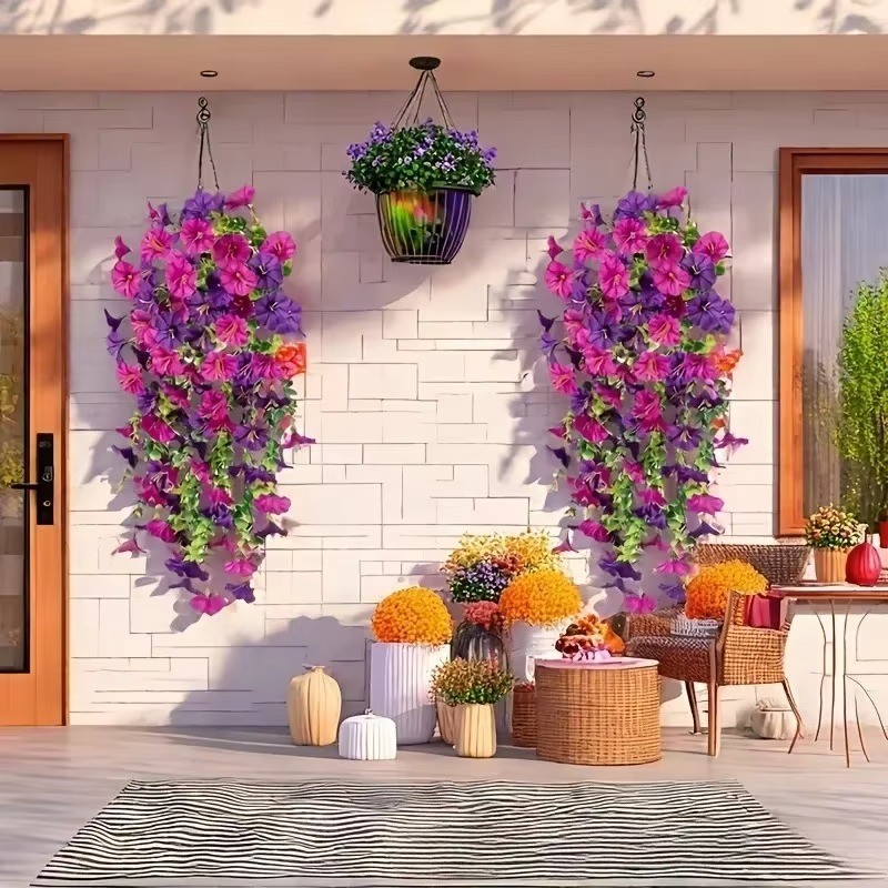 2PCS Artificial Morning Glory Vines UV Resistant Hanging Flowers Outdoor Decor