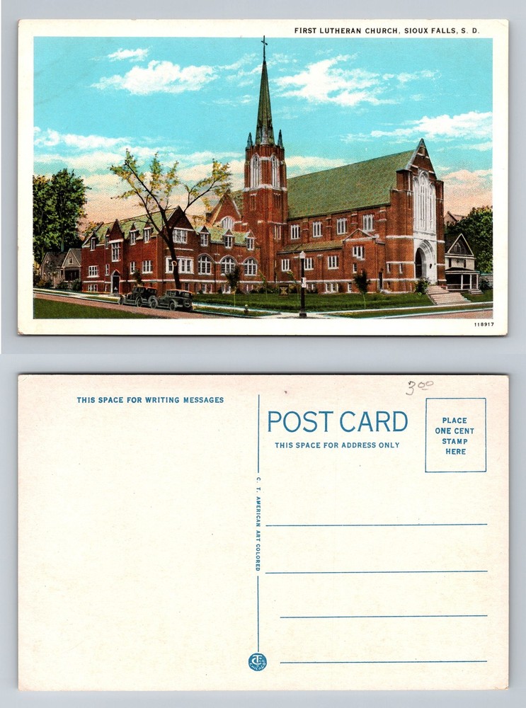 Sioux Falls, SD-South Dakota, First Lutheran Church Brick Spire Vintage Postcard