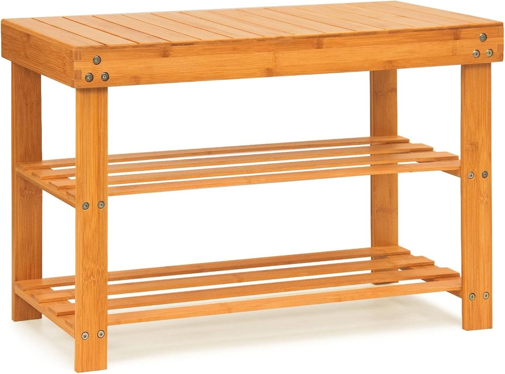 Bamboo Shoe Rack Bench 3-Tier Storage Organizer 27.5L x 11W x 11.6H Entryway Extended Edition