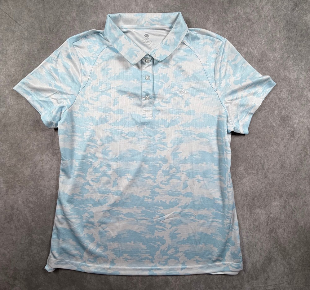 Mofiz Women Polo Shirt Light Blue Camo Performance Short Sleeve Size L