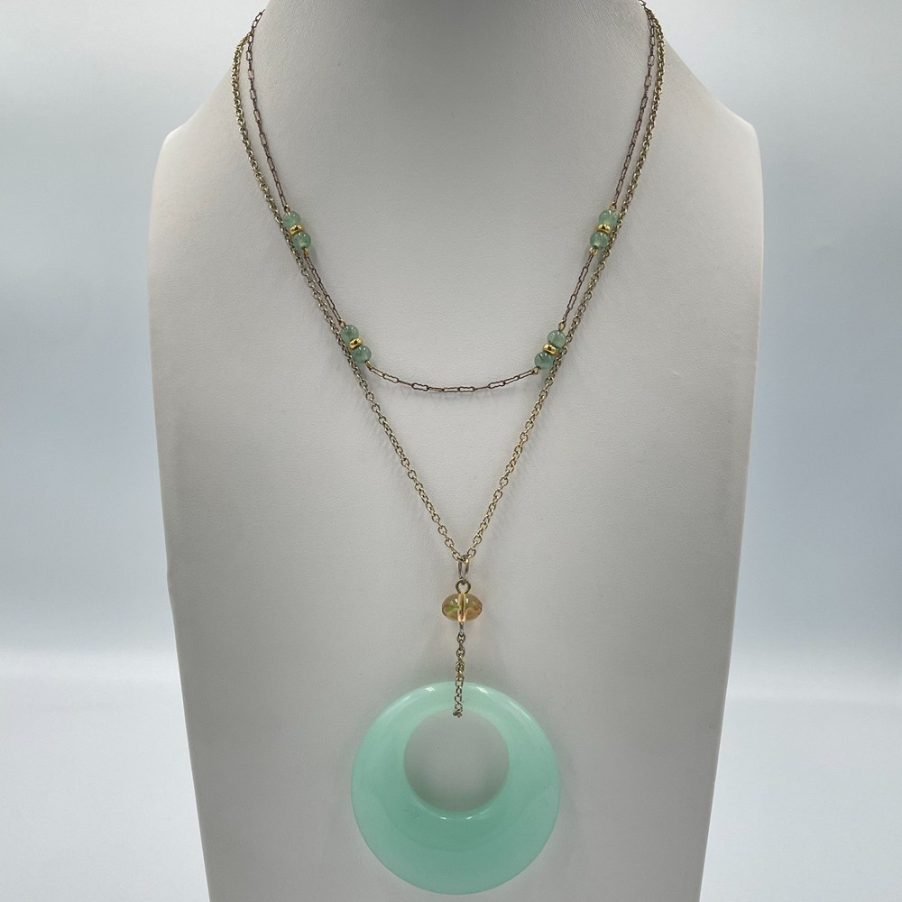 Vintage Modern Boho Layered Gold Tone Mint Green Faux Jade Ring Pendant Necklace