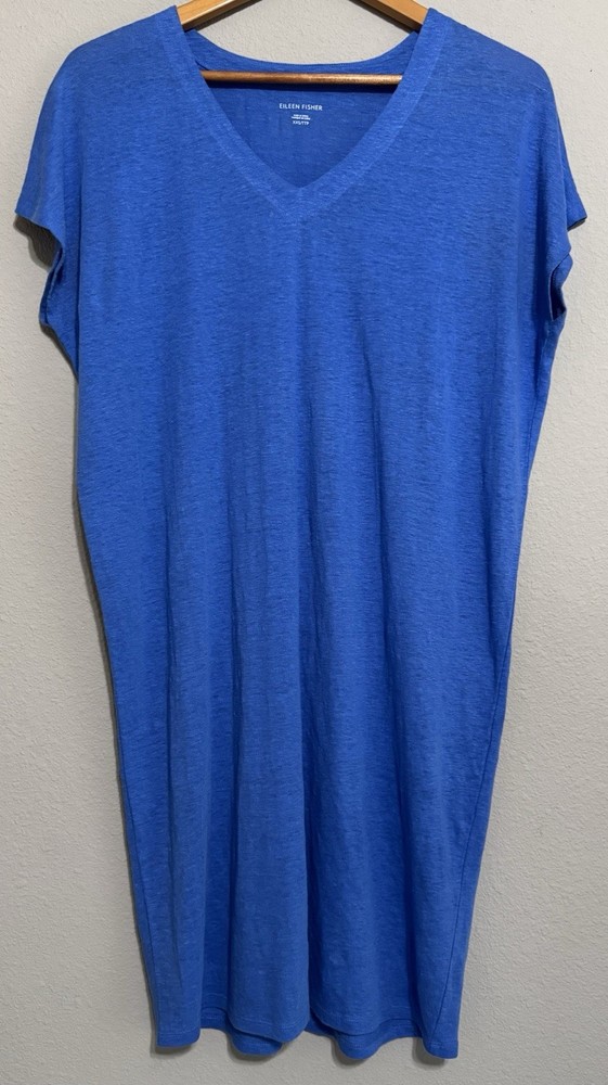 Eileen Fisher Dress Organic Linen OVERSIZED Marine Blue Beach **Fits S-M