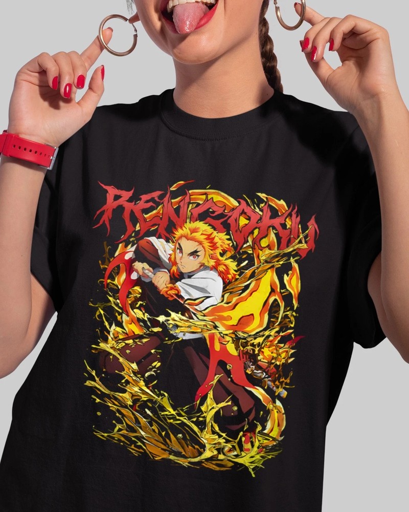 Anime Demon Slayer: Kimetsu No Yaiba Black T Shirt Size S - 5XL Rengoku