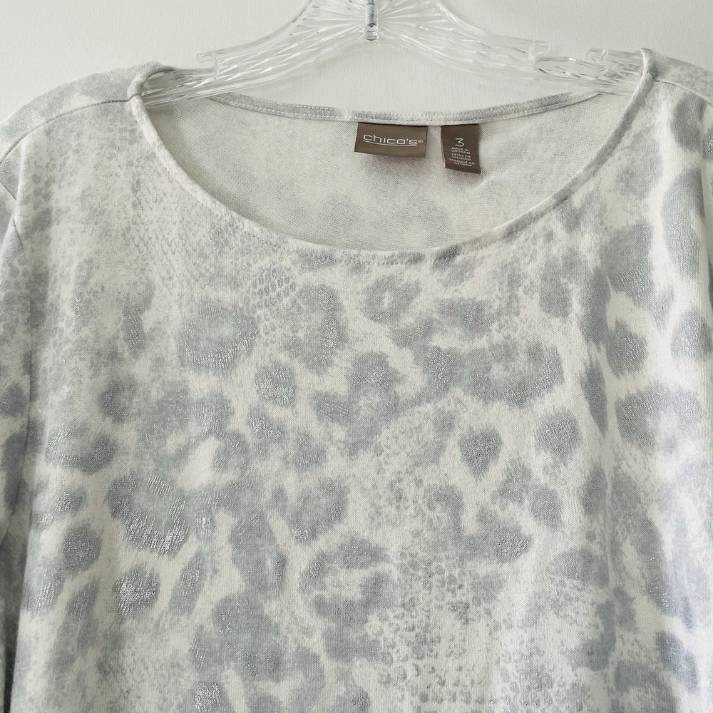 Chico’s Women’s Size 3 XL Gray Shimmer Shine Beige Leopard Print Shirt Soft  Top