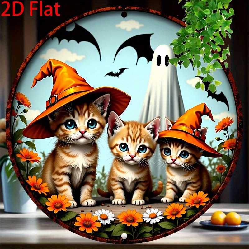 Halloween Kitten Witch Hat Round Sign - 8
