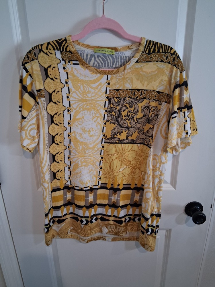Versace Jeans Men’s Multicolor All-Over Logo Graphic Print Crew Neck T-Shirt XL