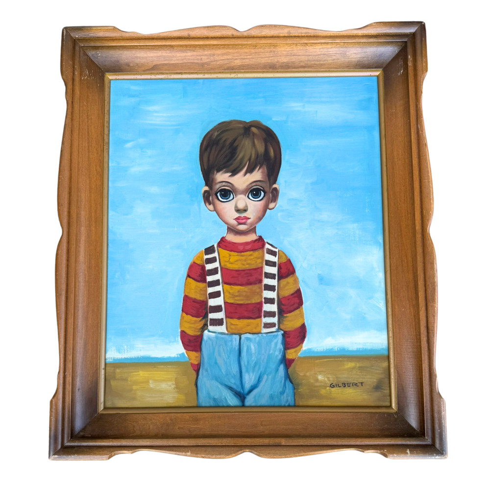 Vintage Margaret Keane Style Big Eyes Painting of a BOY Oil on Canvas Signed