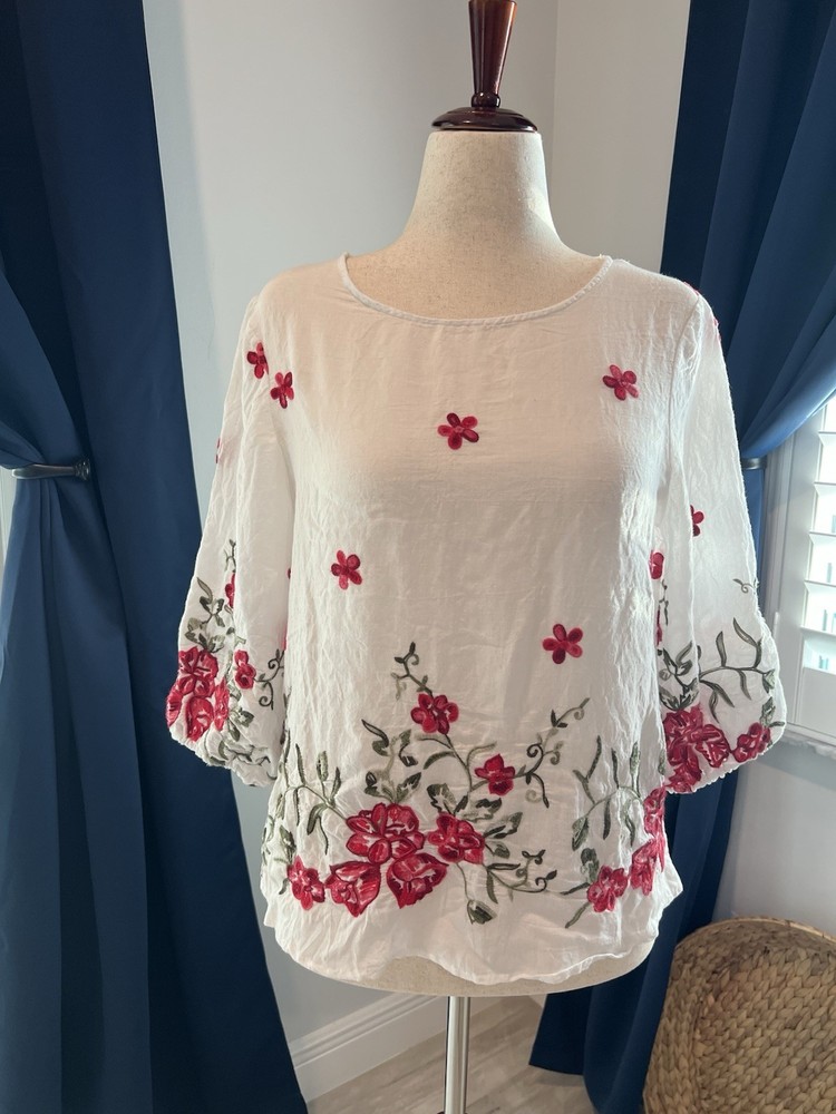 KINDRED Blouse  Women's Size PL White w/ Red Embroidered Flowers Boho