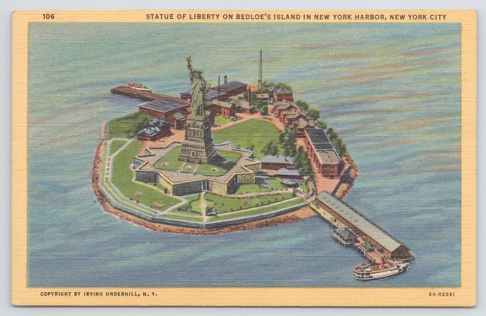 New York City~Aerial View~Statue Of Liberty On Bedloe's Island~Vintage Linen PC