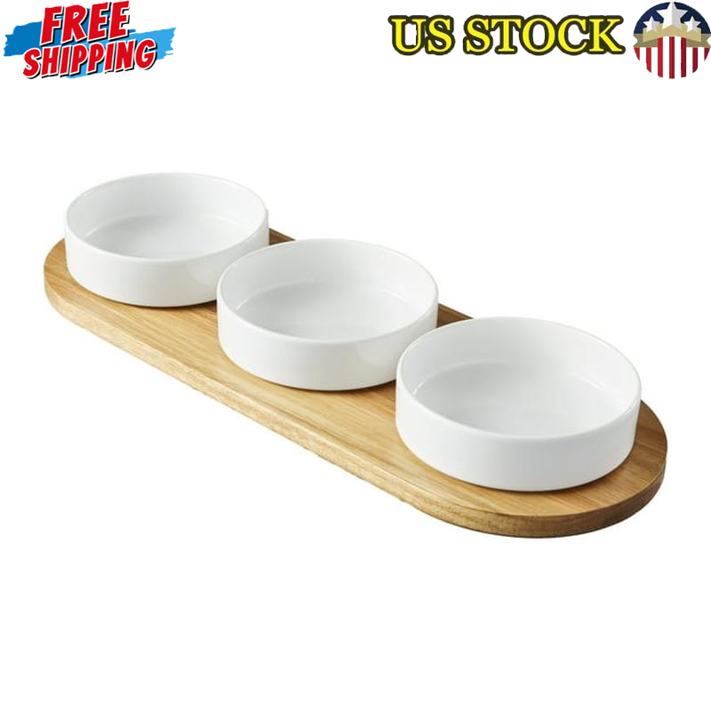 Acacia Wood Tray Ceramic Stoneware Condiment Bowl Not Microwave /oven Safe New-image