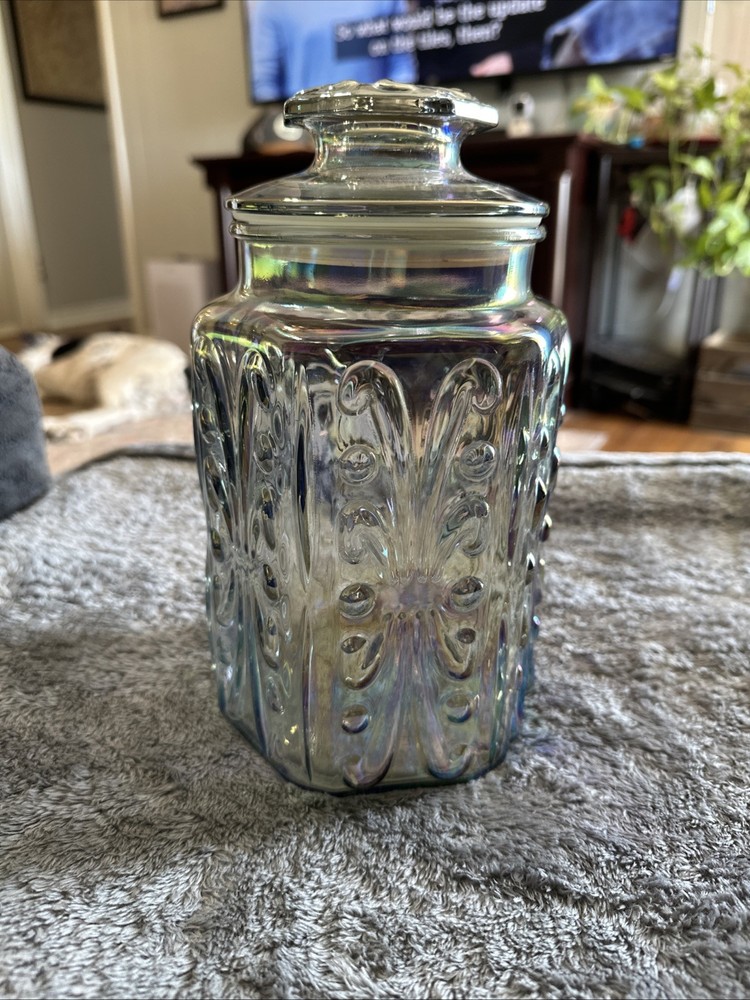 Vintage LE Smith Imperial Atterbury Scroll Canister Jar Iridescent Carnival 9